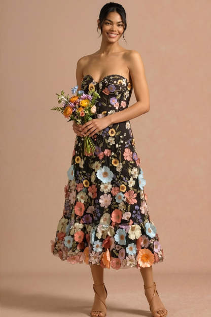 Black A Line Sweetheart Floral Maxi Wedding Guest Dress