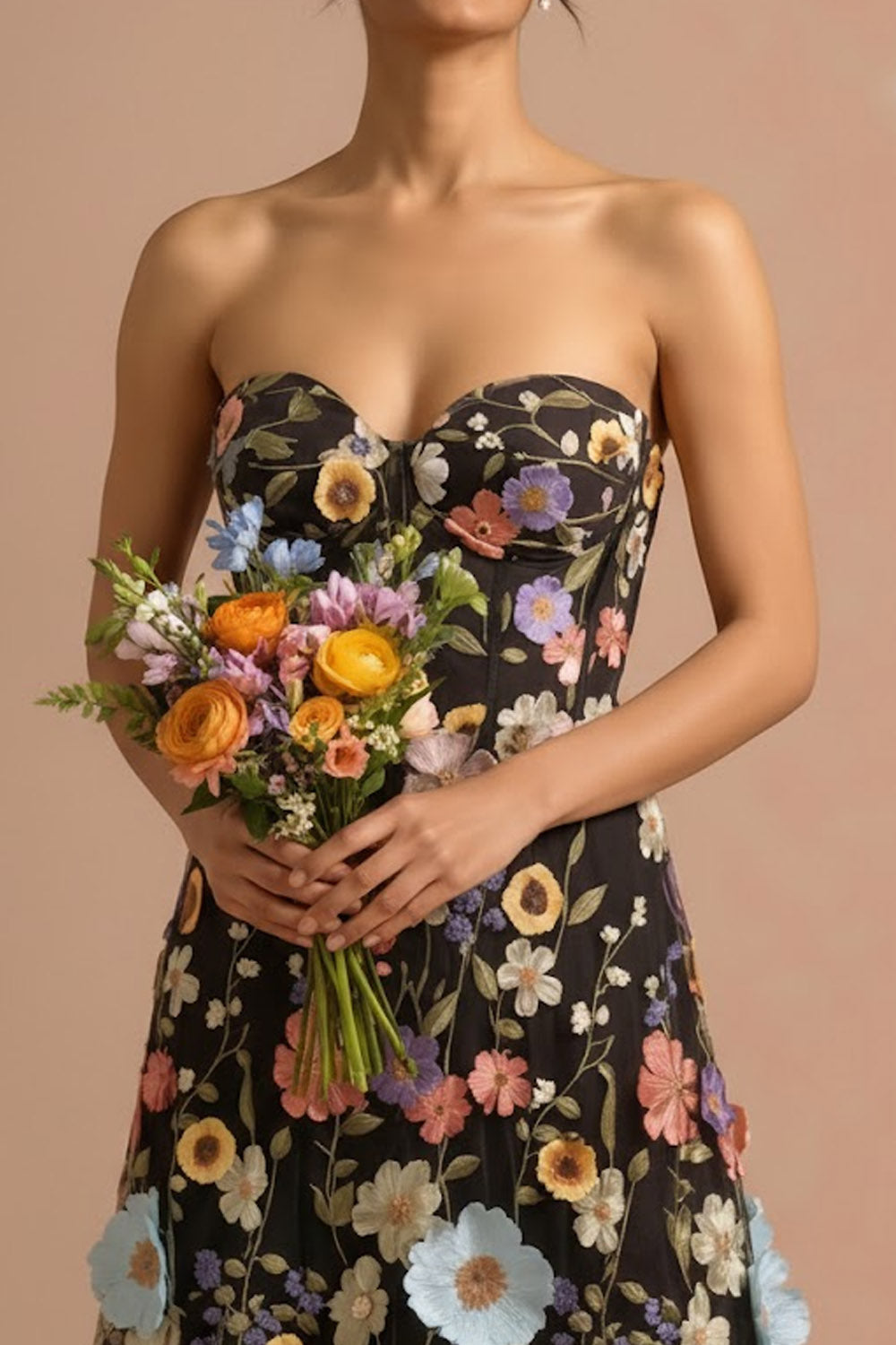 Black A Line Sweetheart Floral Maxi Wedding Guest Dress