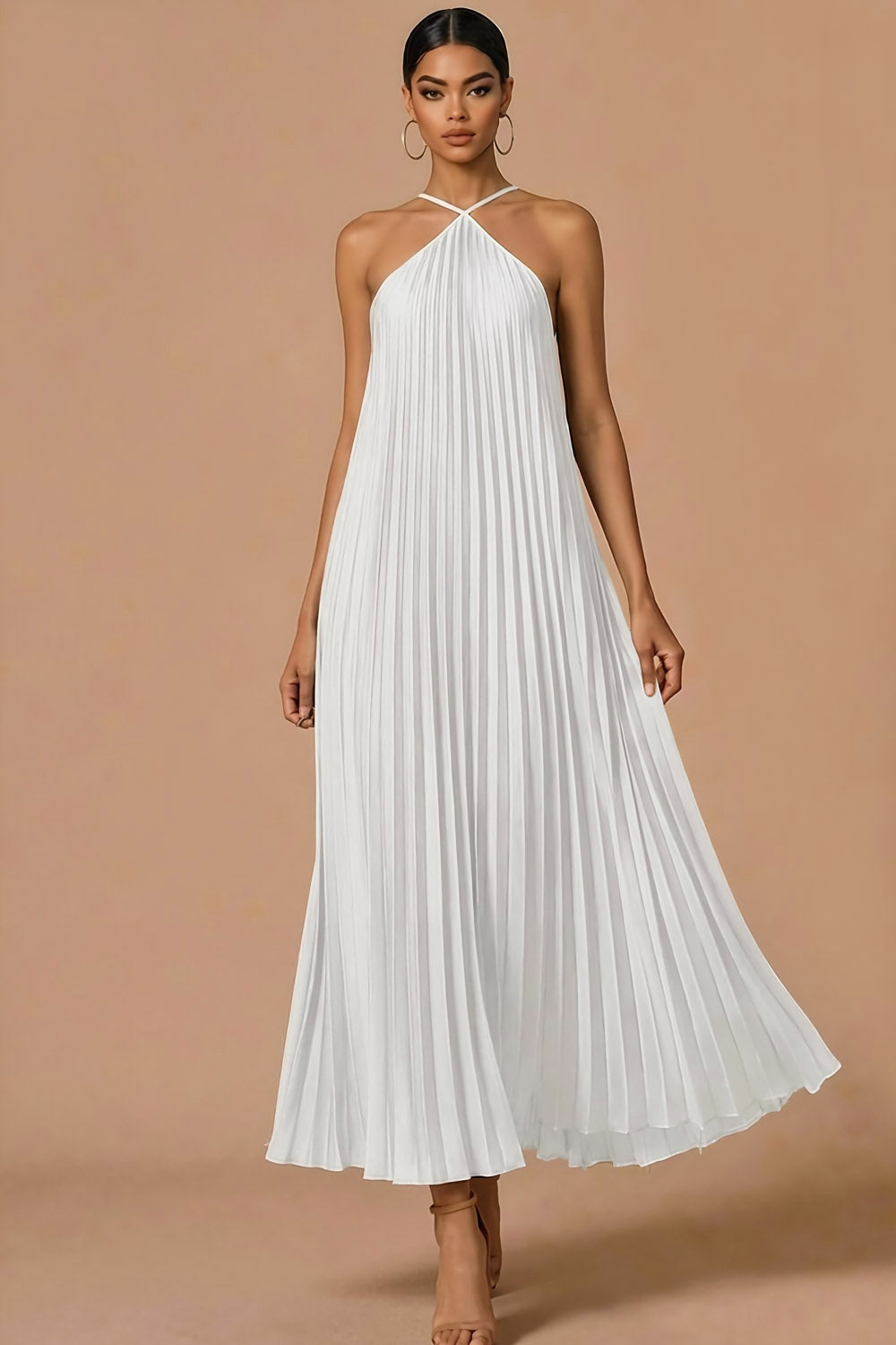 White A Line Pleated Halter Neck Maxi Wedding Reception Dress