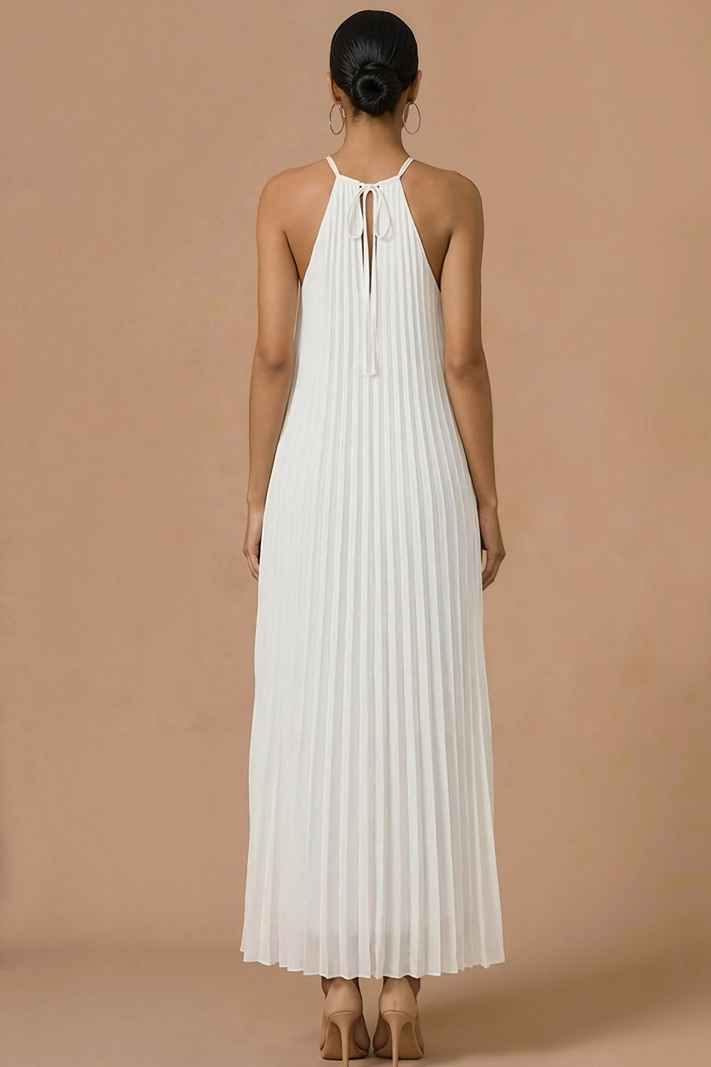 White A Line Pleated Halter Neck Maxi Wedding Reception Dress