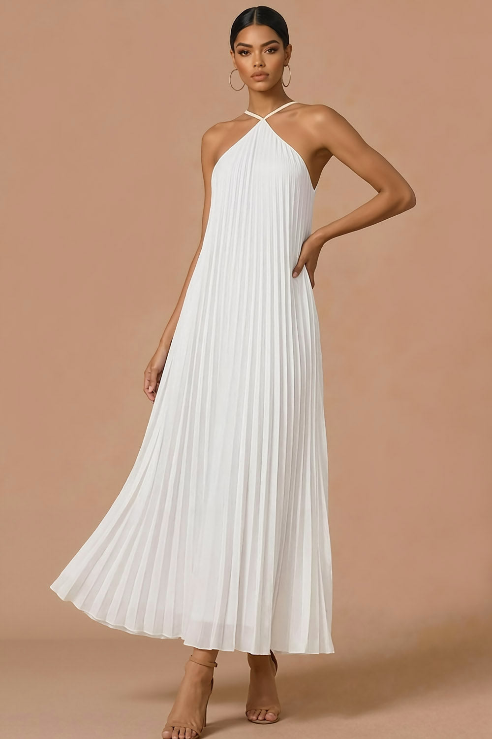 White A Line Pleated Halter Neck Maxi Wedding Reception Dress