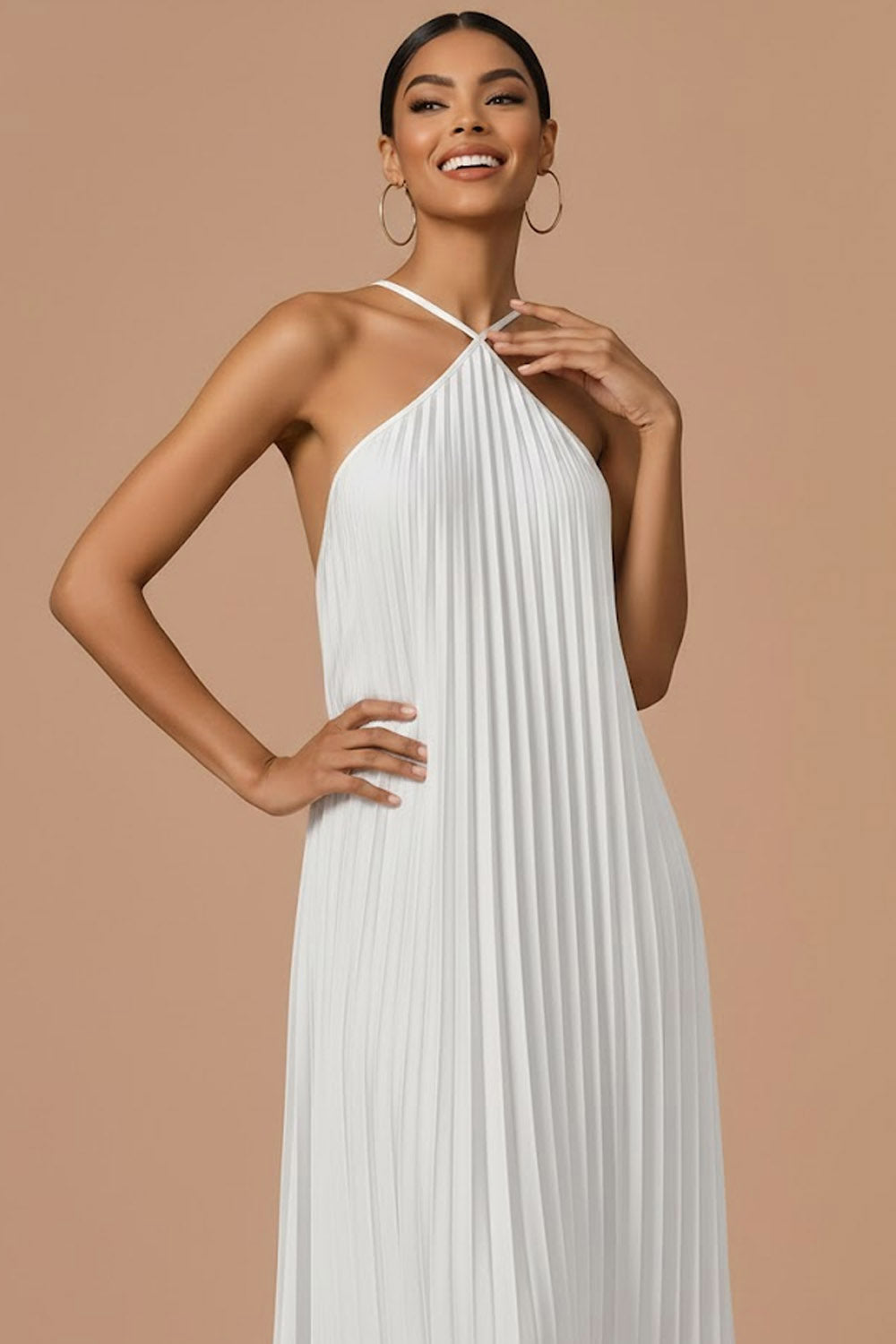 White A Line Pleated Halter Neck Maxi Wedding Reception Dress
