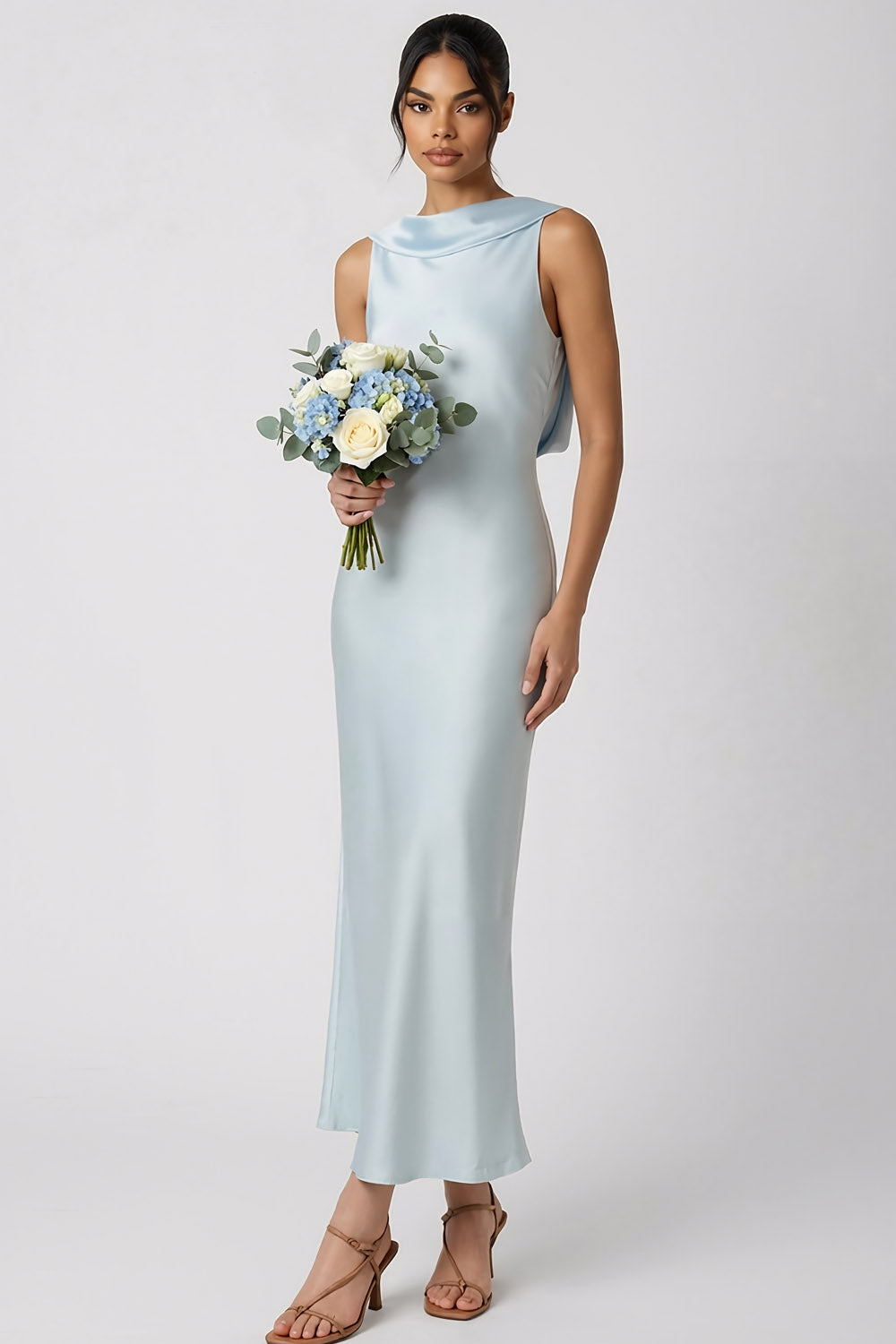 Leely Women Light Blue Satin Mermaid Long Wedding Guest Dress Backless Sleeveless Round Neck Bridesmaid Dress