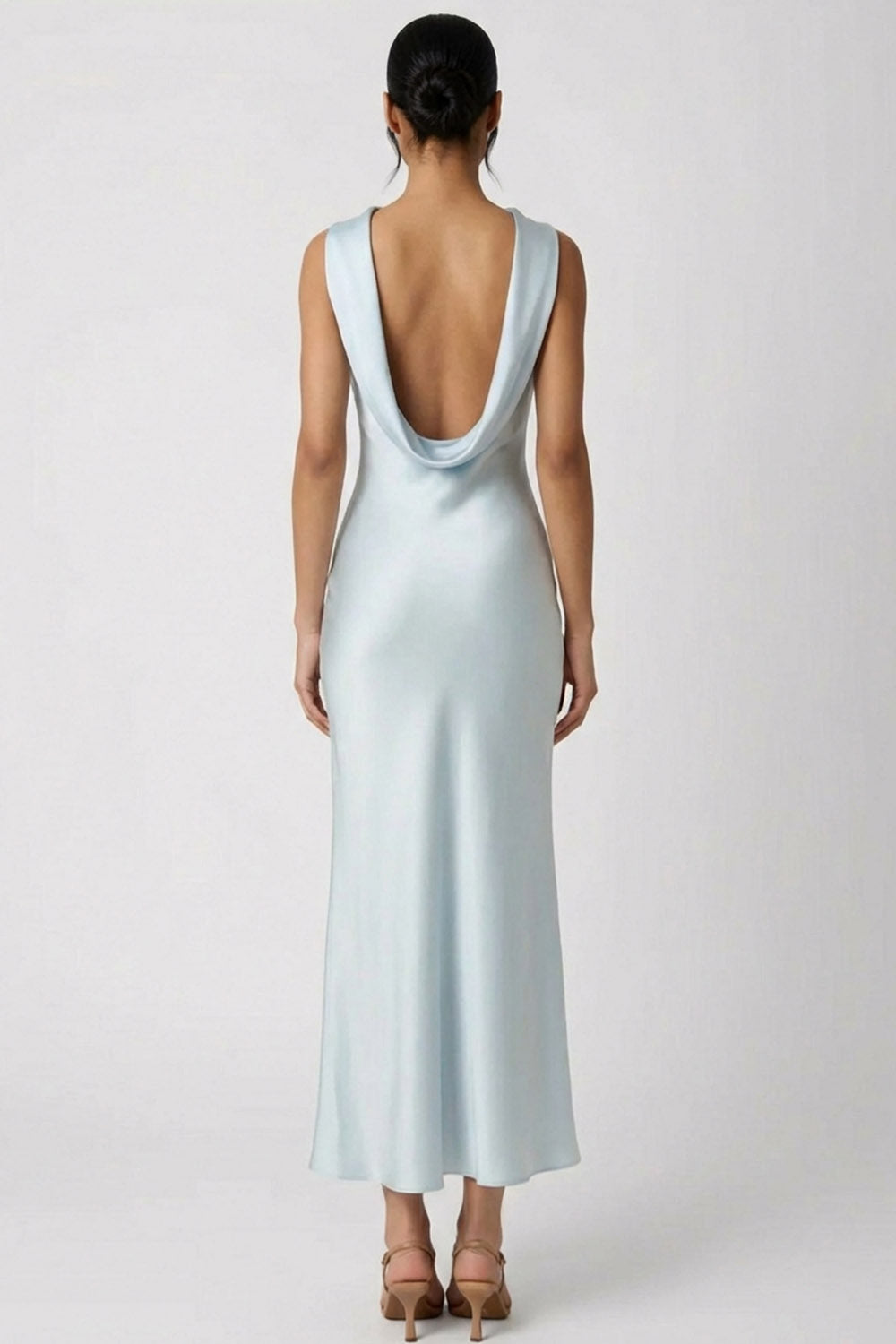 Light Blue Satin Round Neck Mermaid Long Wedding Guest Dress