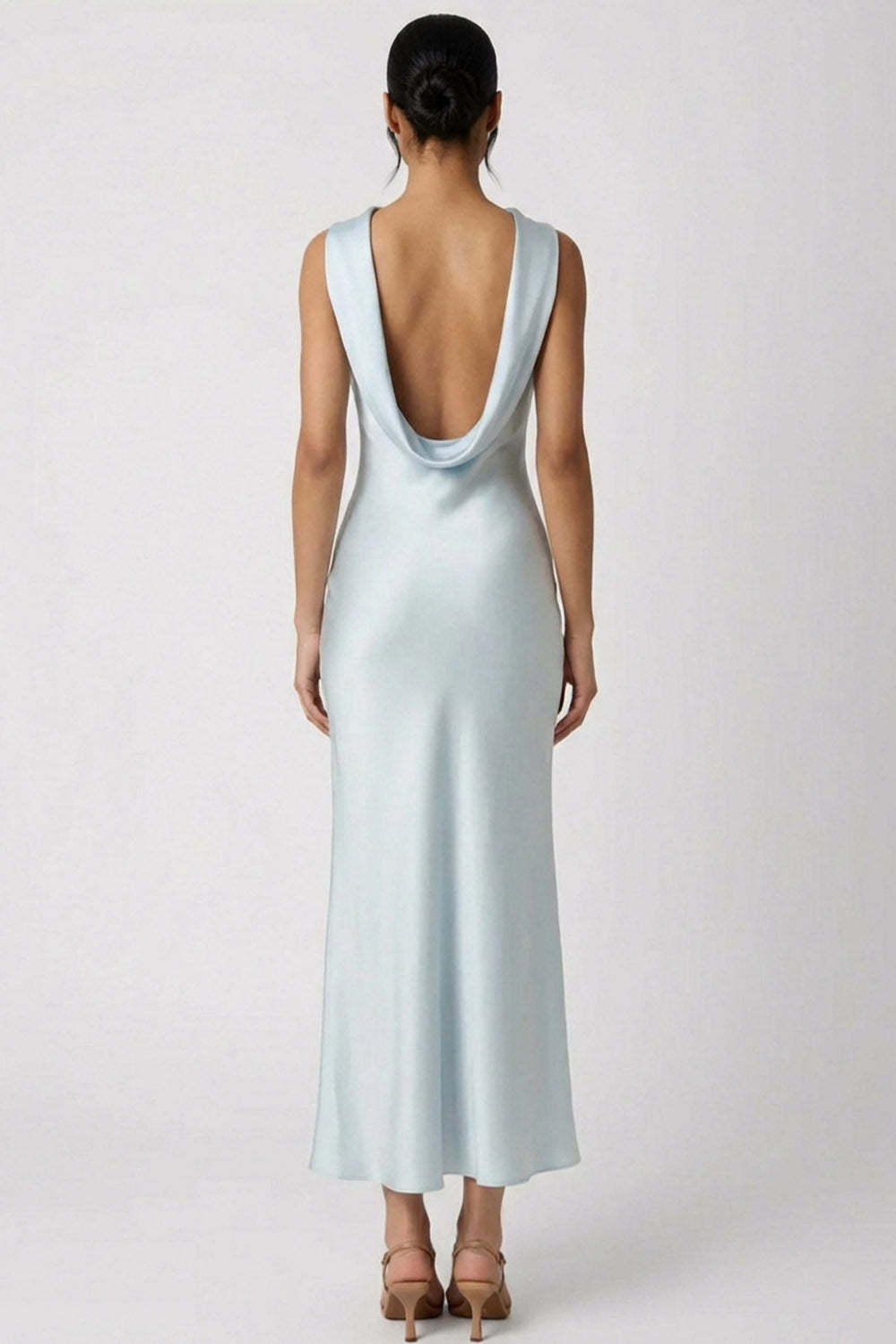 Light Blue Satin Round Neck Mermaid Long Wedding Guest Dress