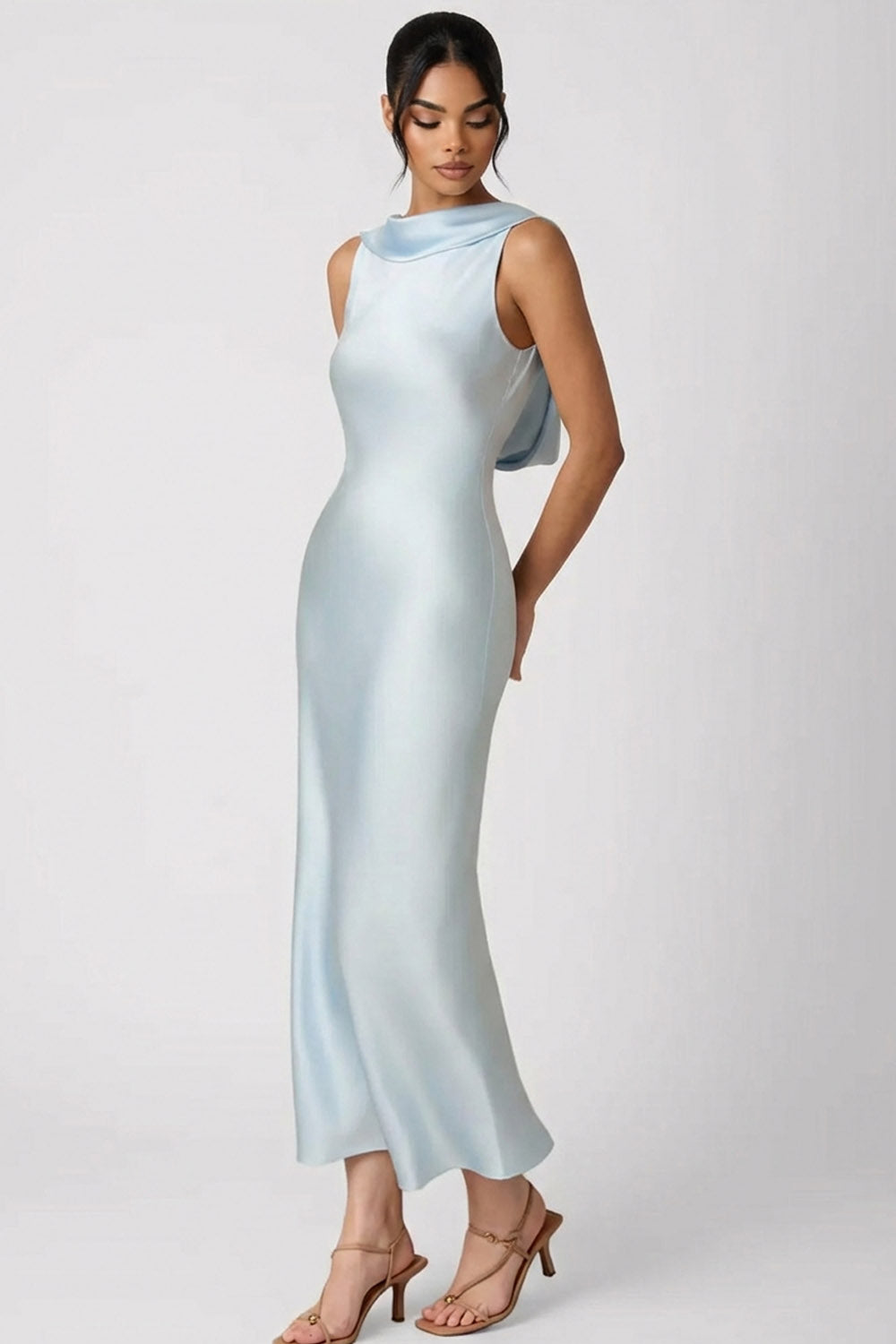Light Blue Satin Round Neck Mermaid Long Wedding Guest Dress