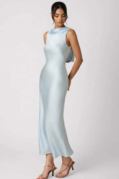 Light Blue Satin Round Neck Mermaid Long Wedding Guest Dress