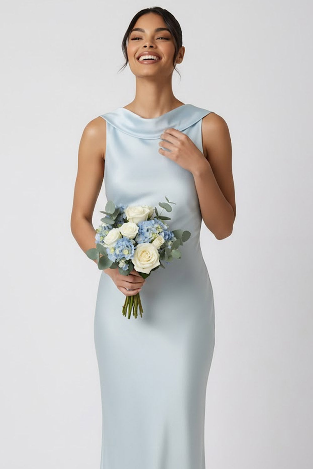 Light Blue Satin Round Neck Mermaid Long Wedding Guest Dress