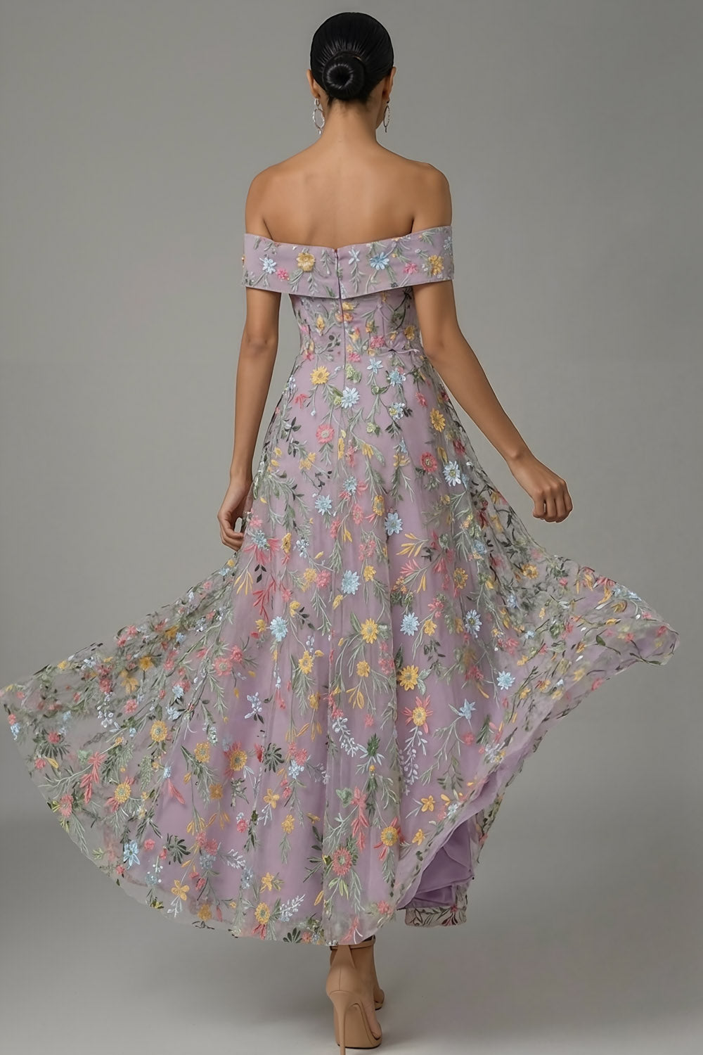 Mauve Floral Embroidered A Line Off the Shoulder Long Wedding Guest Dress
