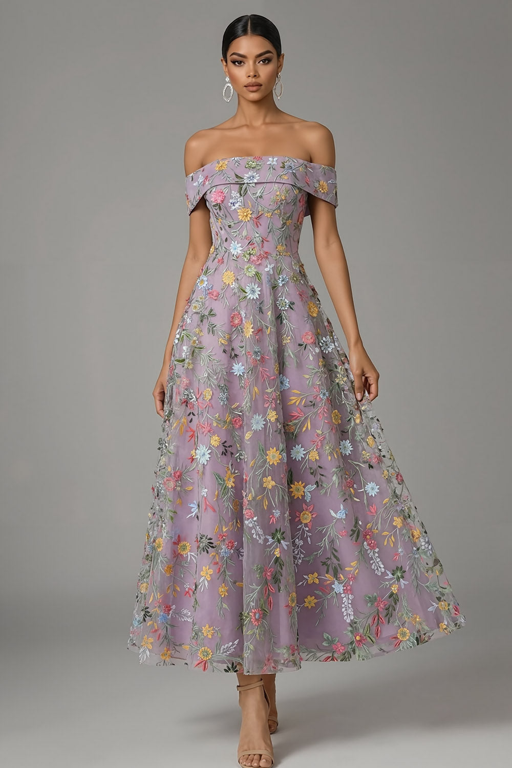 Mauve Floral Embroidered A Line Off the Shoulder Long Wedding Guest Dress