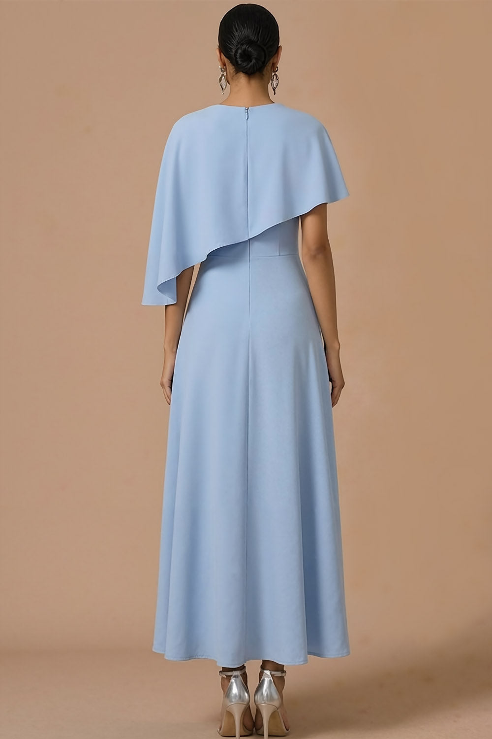 Blue Chiffon A Line Maxi Wedding Guest Dress with Cape