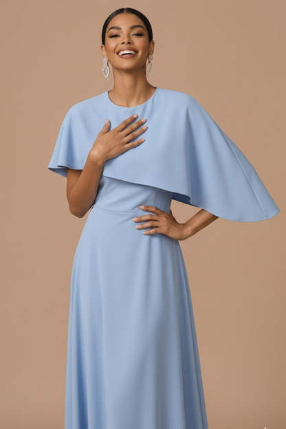 Blue Chiffon A Line Maxi Wedding Guest Dress with Cape
