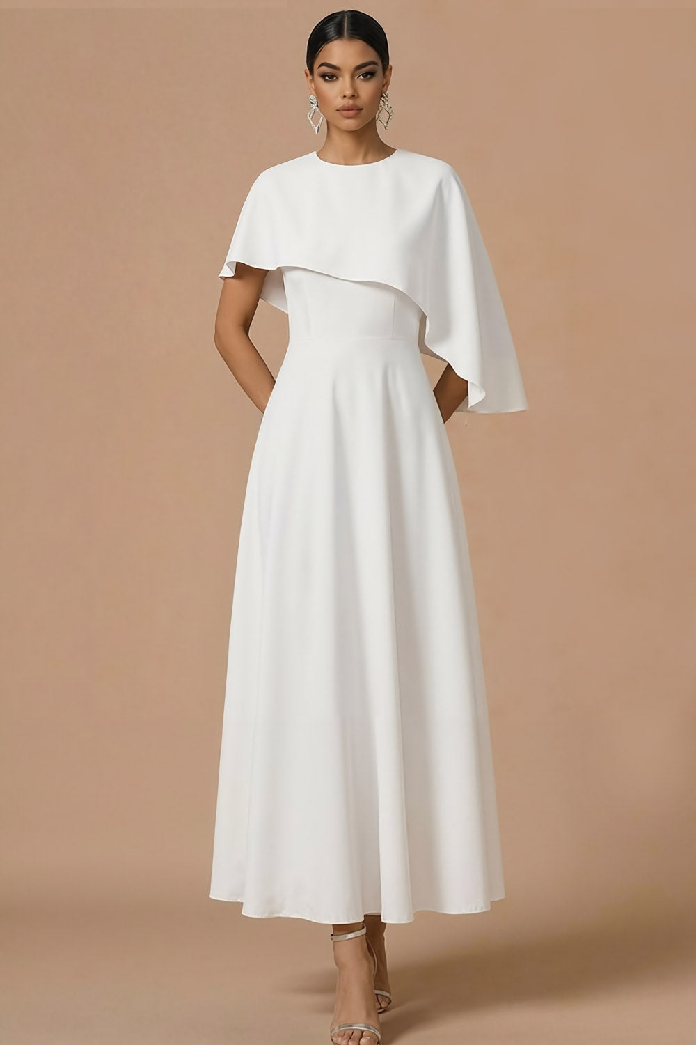 Leely Women Chiffon White Maxi Wedding Reception Dress with Cape Sleeveless A Line Formal Dress