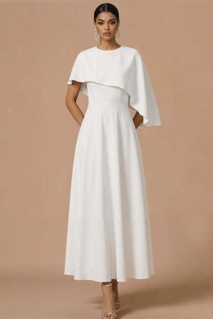 Leely Women Chiffon White Maxi Wedding Reception Dress with Cape Sleeveless A Line Formal Dress