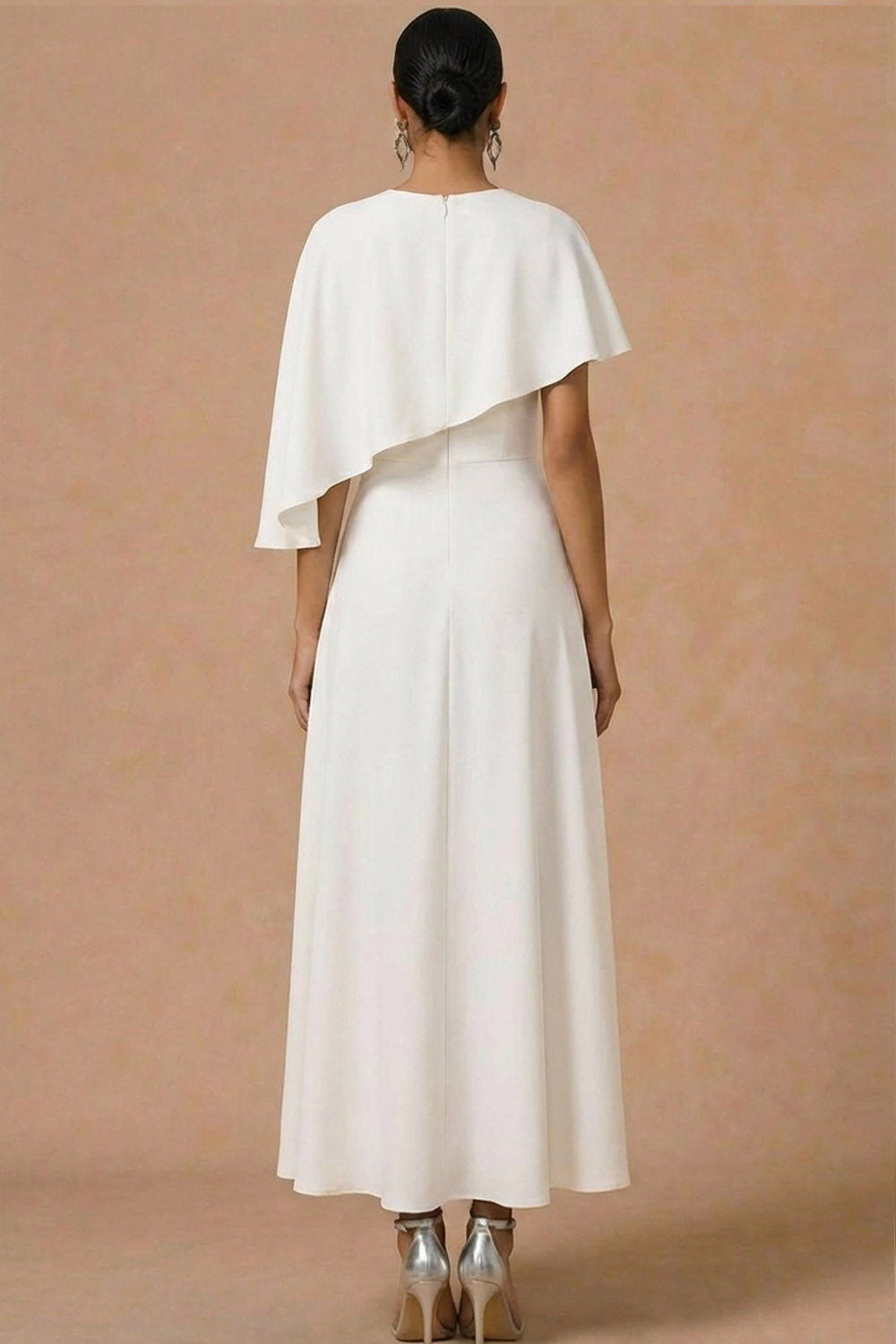 A Line White Chiffon Maxi Wedding Reception Dress with Cape