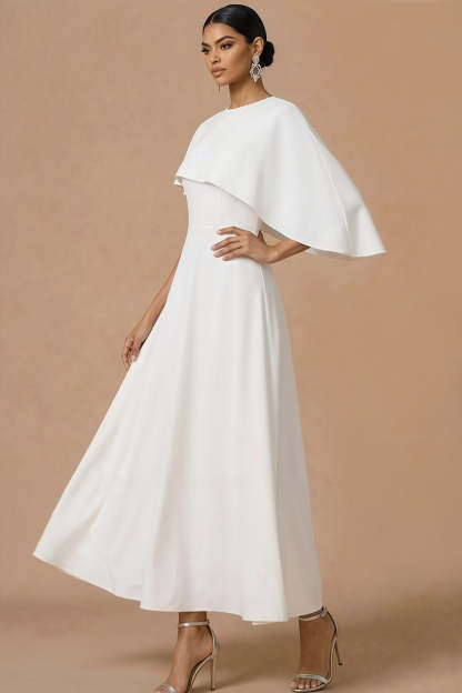 A Line White Chiffon Maxi Wedding Reception Dress with Cape