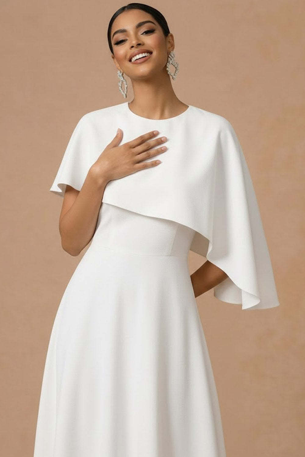 A Line White Chiffon Maxi Wedding Reception Dress with Cape