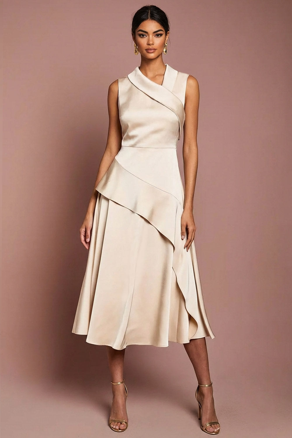 Satin Champagne A Line Ruffled Maxi Wedding Guest Dress