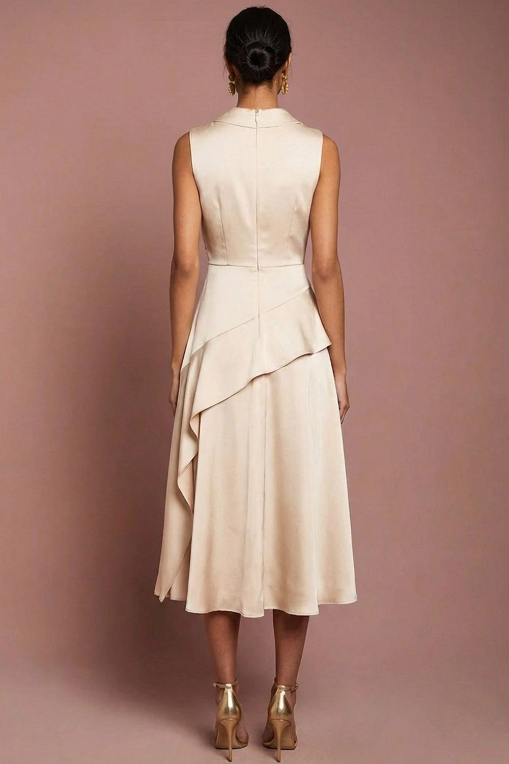 Satin Champagne A Line Ruffled Maxi Wedding Guest Dress