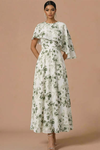 Leely Women Green Floral Long Wedding Guest Dress with Cape A Line Sleeveless Formal Dress