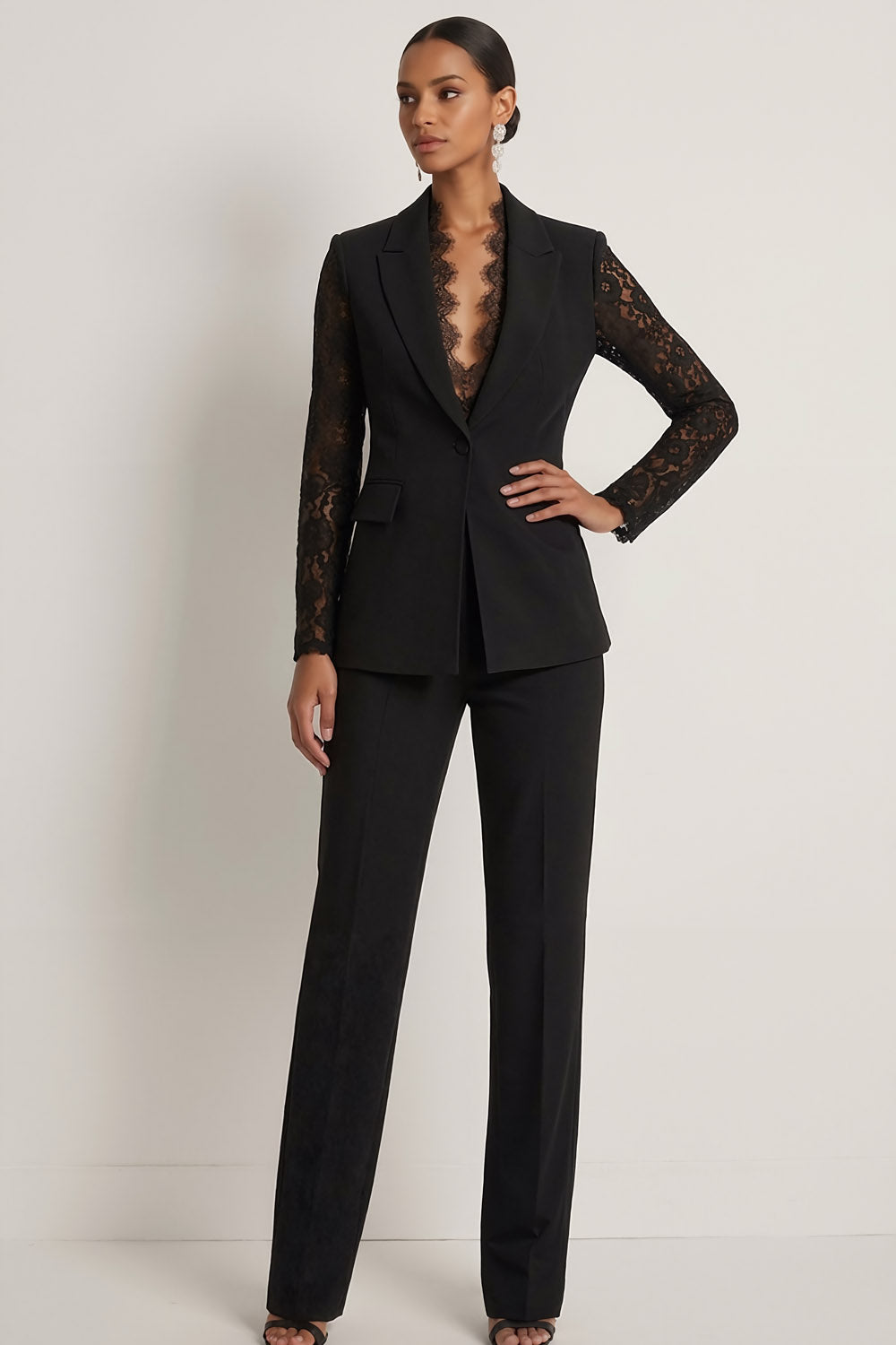 One Button Peak Lapel 2 Piece Black Business Suits with Lace