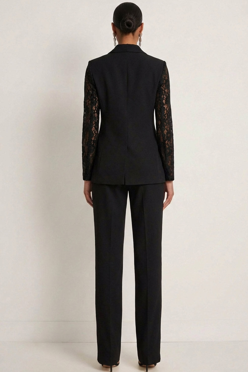 One Button Peak Lapel 2 Piece Black Business Suits with Lace