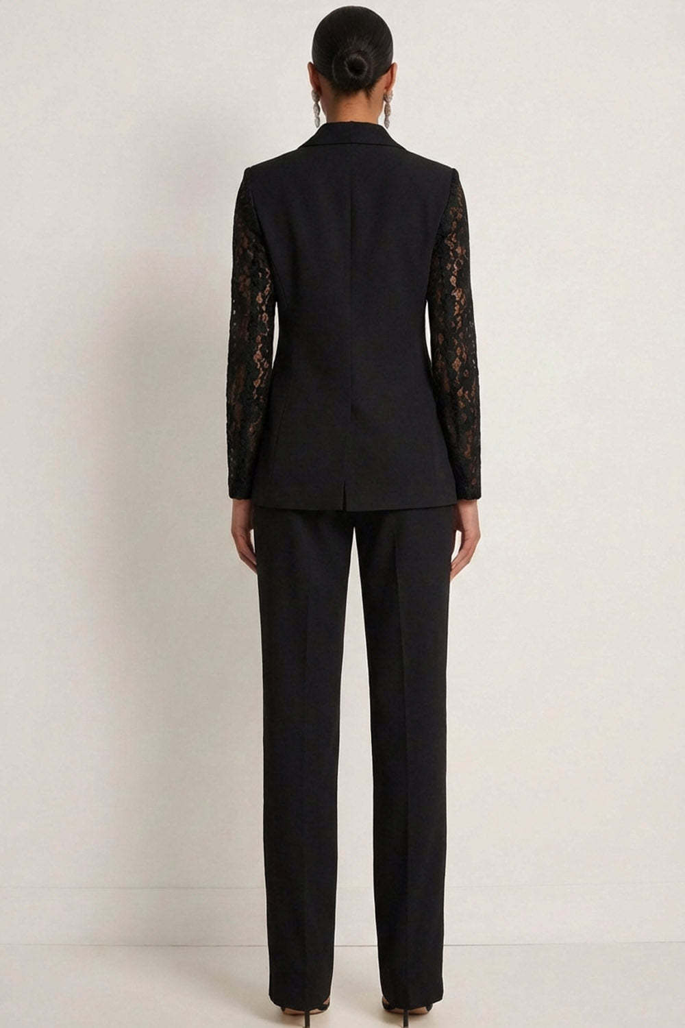 One Button Peak Lapel 2 Piece Black Business Suits with Lace