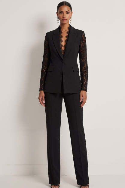 Leely Women Black 2 Piece Business Suits with Lace Long Sleeves One Button Peak Lapel Work Pantsuits
