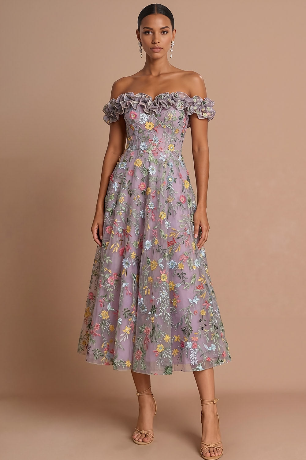 Mauve Floral A Line Embroidered Off the Shoulder Maxi Wedding Guest Dress