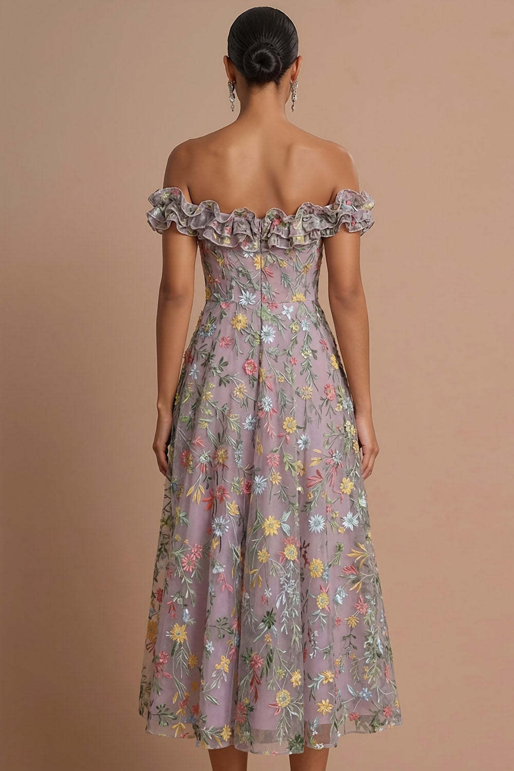 Mauve Floral A Line Embroidered Off the Shoulder Maxi Wedding Guest Dress