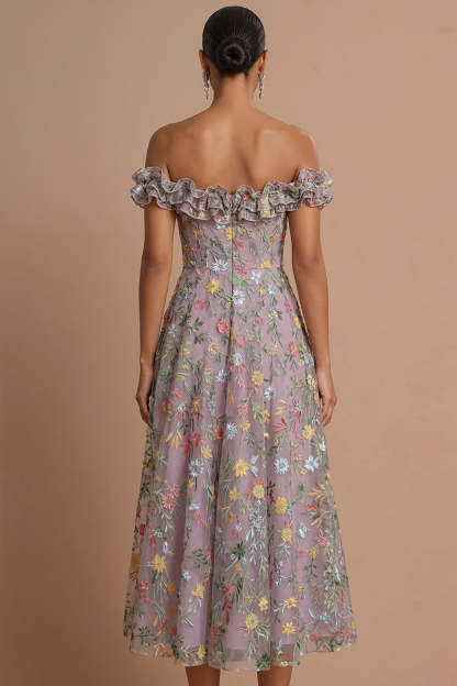 Mauve Floral A Line Embroidered Off the Shoulder Maxi Wedding Guest Dress