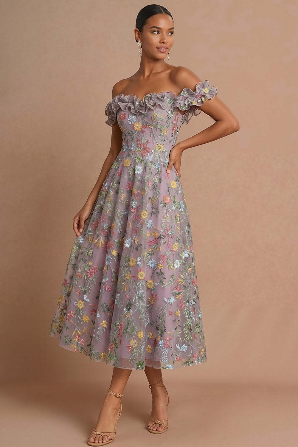 Mauve Floral A Line Embroidered Off the Shoulder Maxi Wedding Guest Dress