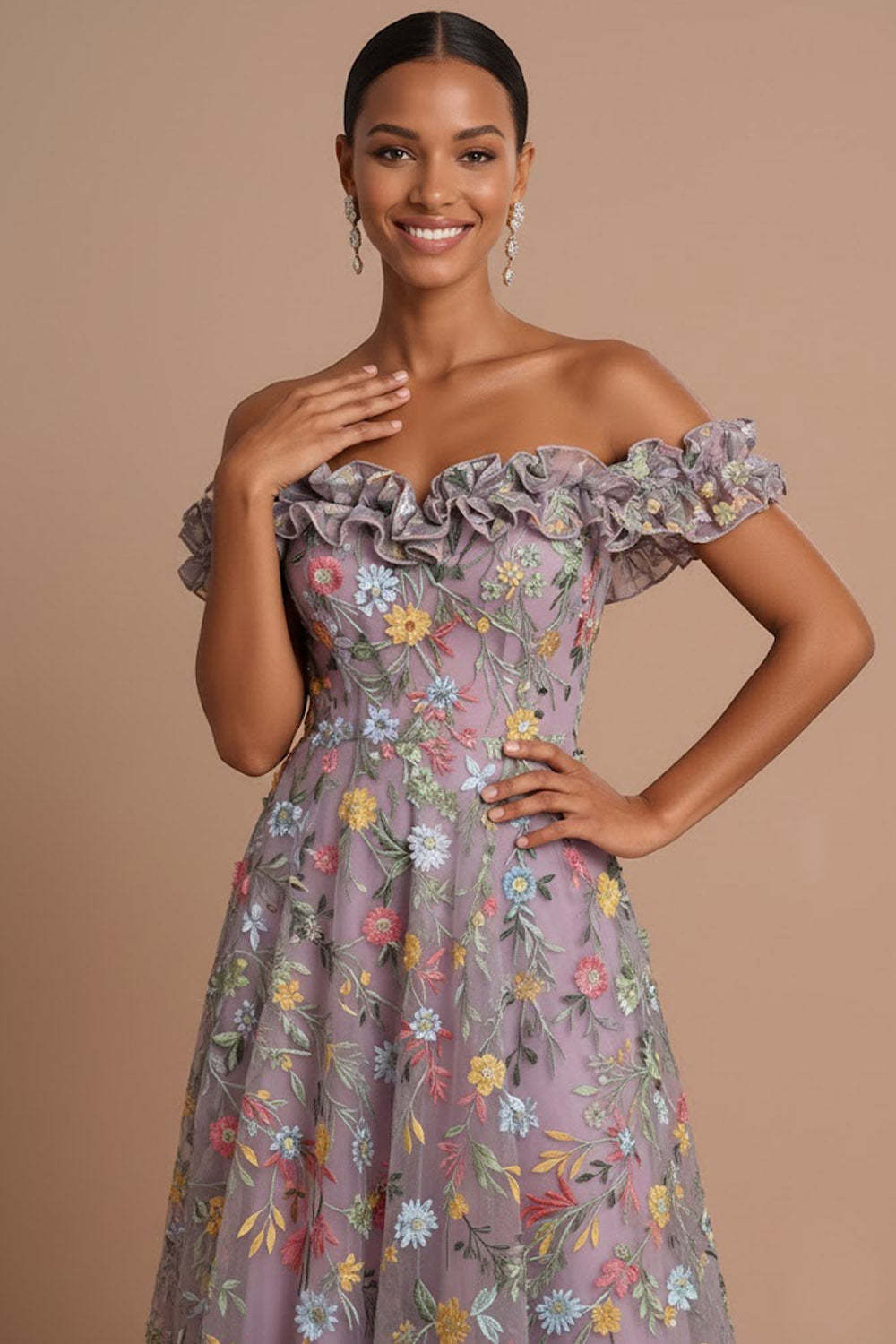 Mauve Floral A Line Embroidered Off the Shoulder Maxi Wedding Guest Dress