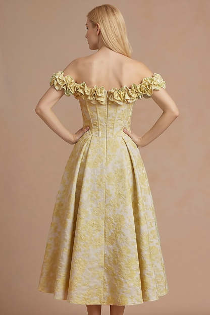 Floral Light Yellow Corset A Line Off the Shoulder Maxi Formal Dress with 3D Flower