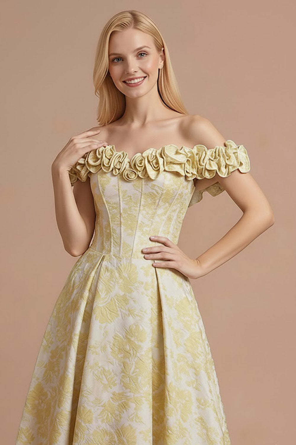 Floral Light Yellow Corset A Line Off the Shoulder Maxi Formal Dress with 3D Flower
