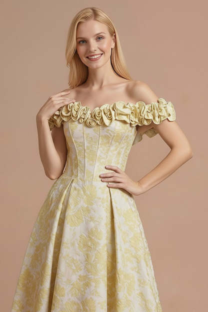 Floral Light Yellow Corset A Line Off the Shoulder Maxi Formal Dress with 3D Flower