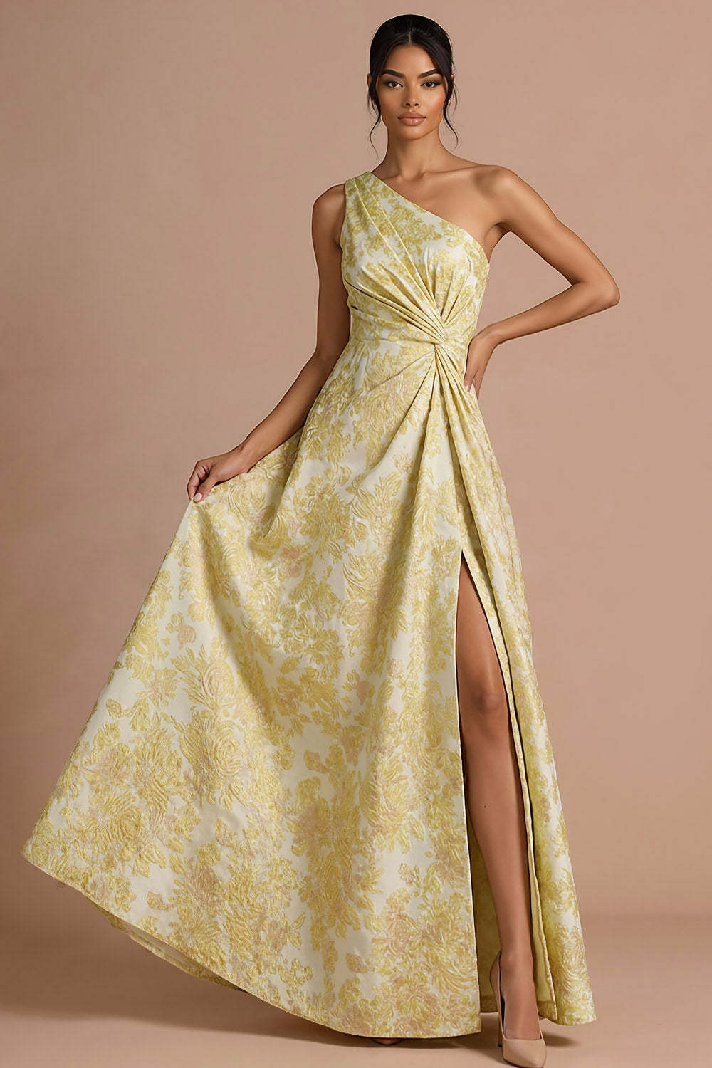 Leely Women Light Yellow Floral Ruched Maxi Formal Dress with Slit One Shoulder Sleeveless Jacquard Wedding Guest Dress