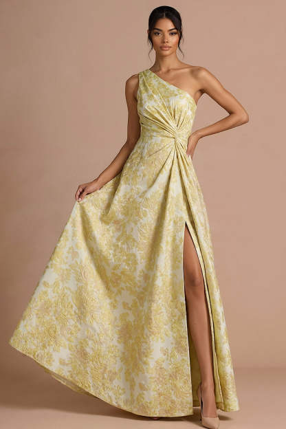 Leely Women Light Yellow Floral Ruched Maxi Formal Dress with Slit One Shoulder Sleeveless Jacquard Wedding Guest Dress