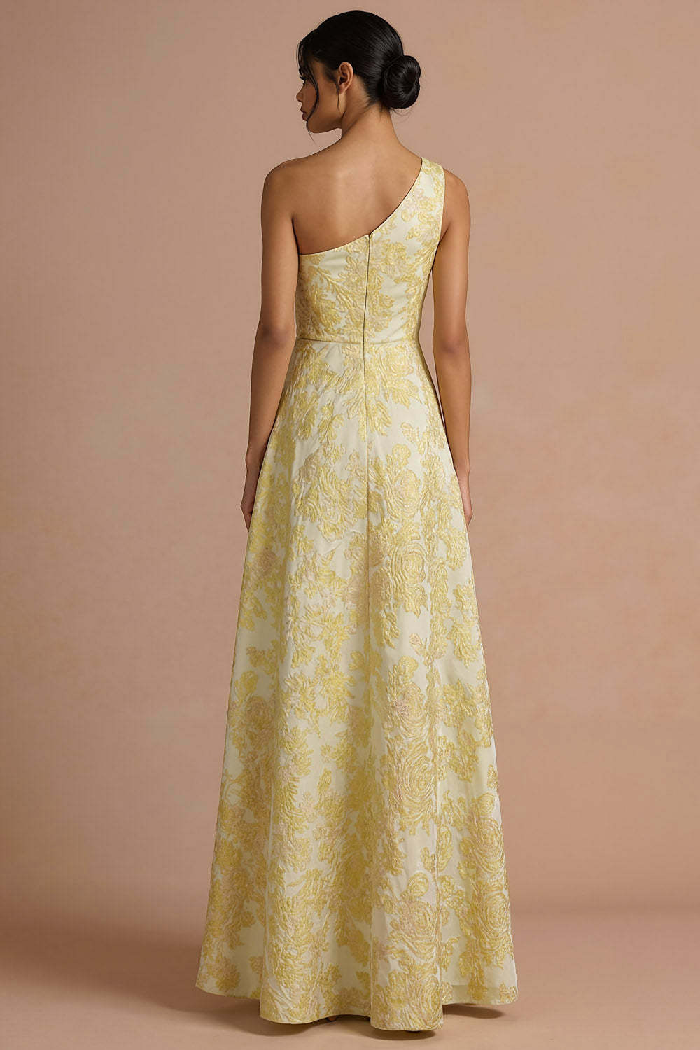 Light Yellow Jacquard Floral Ruched Maxi Formal Dress with Slit