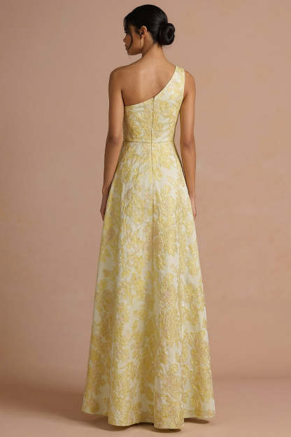 Light Yellow Jacquard Floral Ruched Maxi Formal Dress with Slit