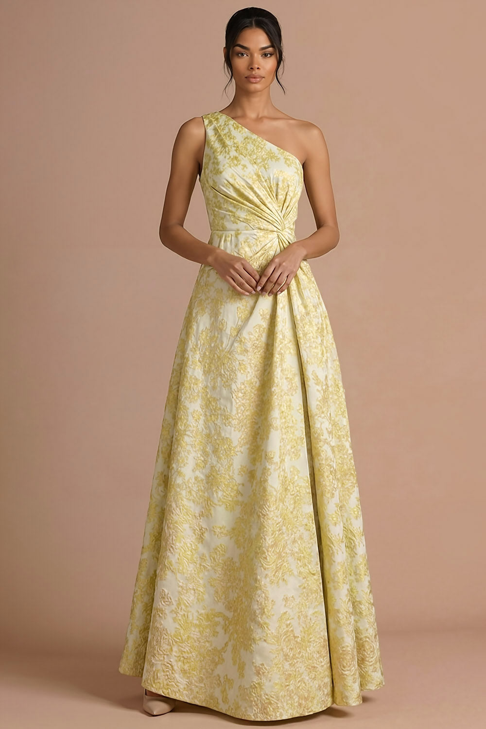 Light Yellow Jacquard Floral Ruched Maxi Formal Dress with Slit