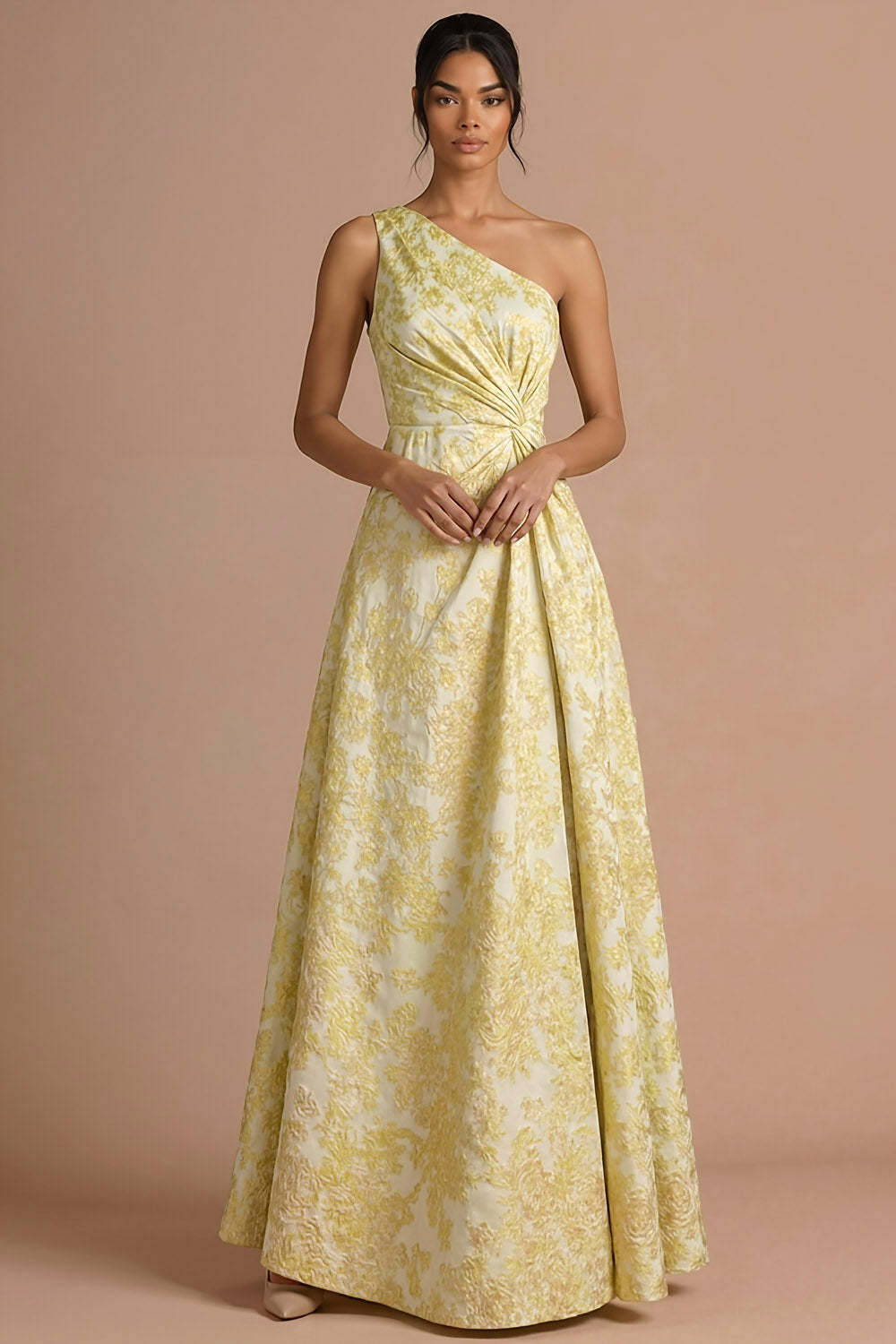 Light Yellow Jacquard Floral Ruched Maxi Formal Dress with Slit