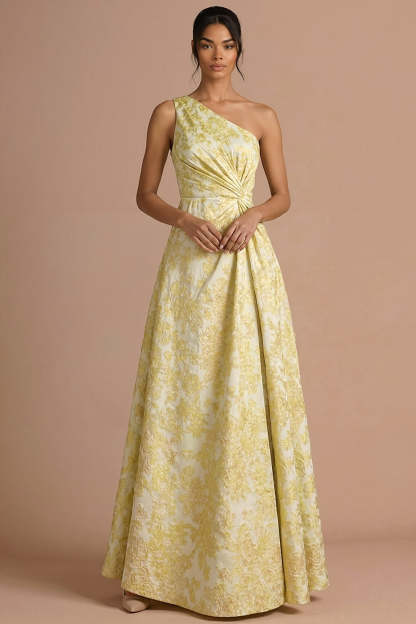 Light Yellow Jacquard Floral Ruched Maxi Formal Dress with Slit