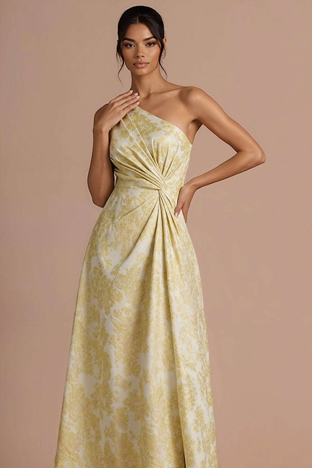 Light Yellow Jacquard Floral Ruched Maxi Formal Dress with Slit