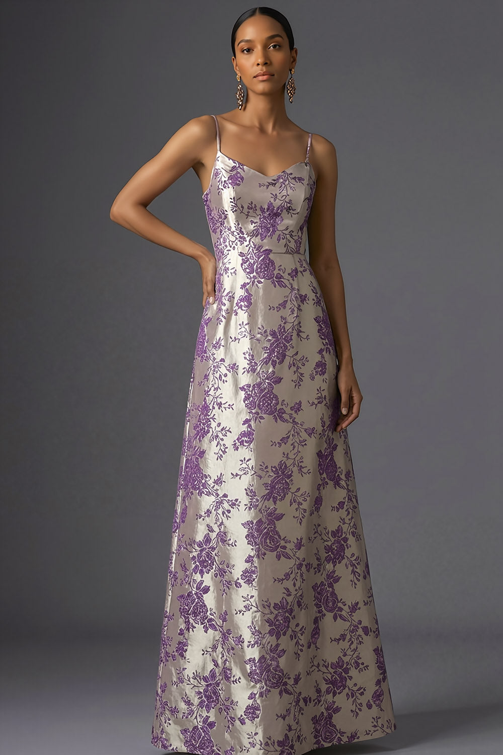 Leely Women Purple Jacquard Floral A Line Long Formal Dress Spaghetti Straps Sleeveless Backless Wedding Guest Dress