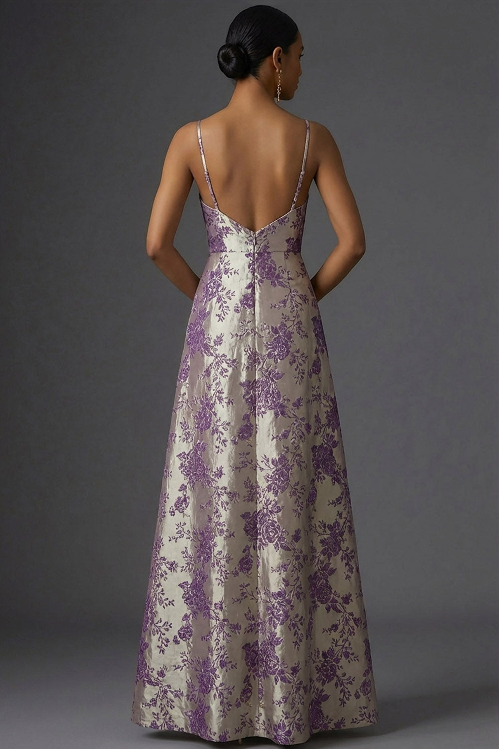 Purple Jacquard Floral A Line Spaghetti Straps Long Formal Dress