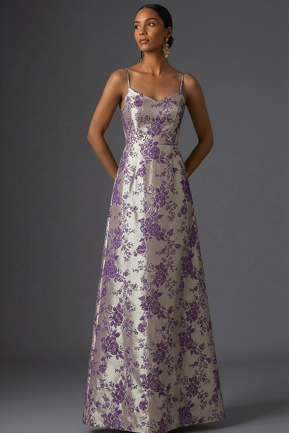 Purple Jacquard Floral A Line Spaghetti Straps Long Formal Dress