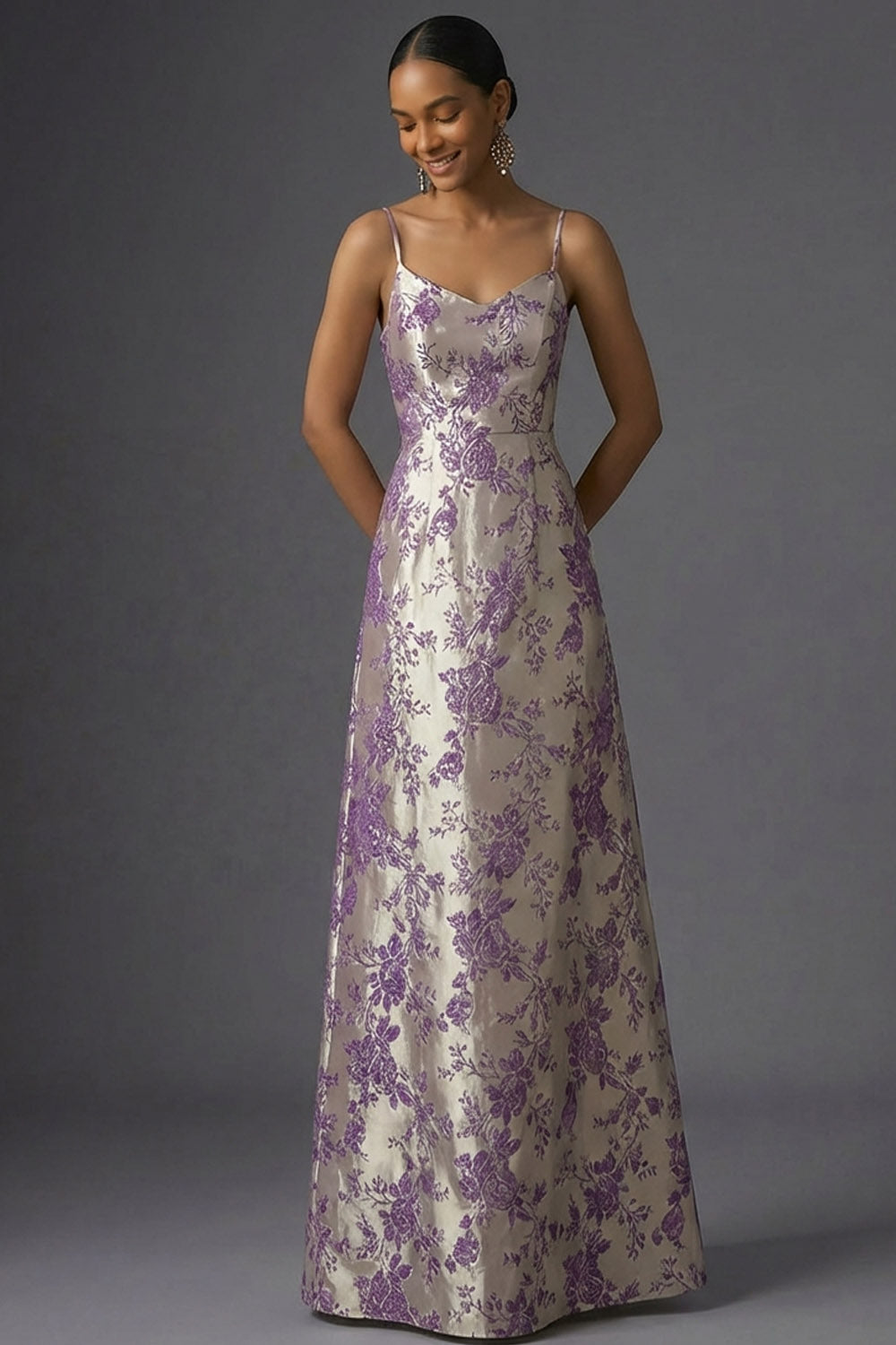 Purple Jacquard Floral A Line Spaghetti Straps Long Formal Dress