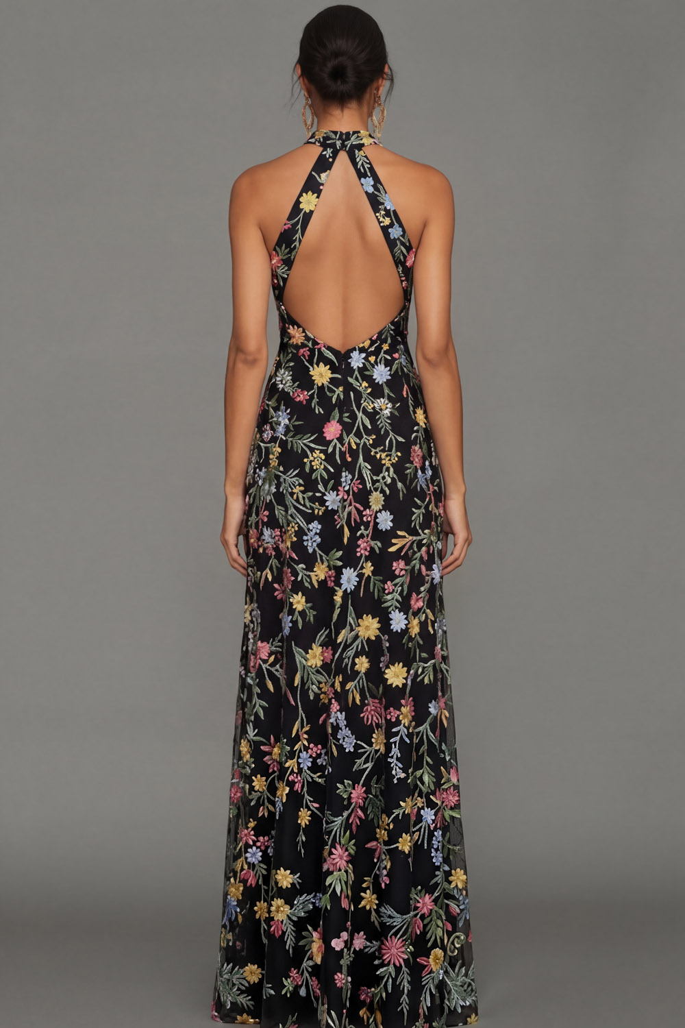 Mauve Floral Halter Neck Mermaid Long Formal Dress with Slit