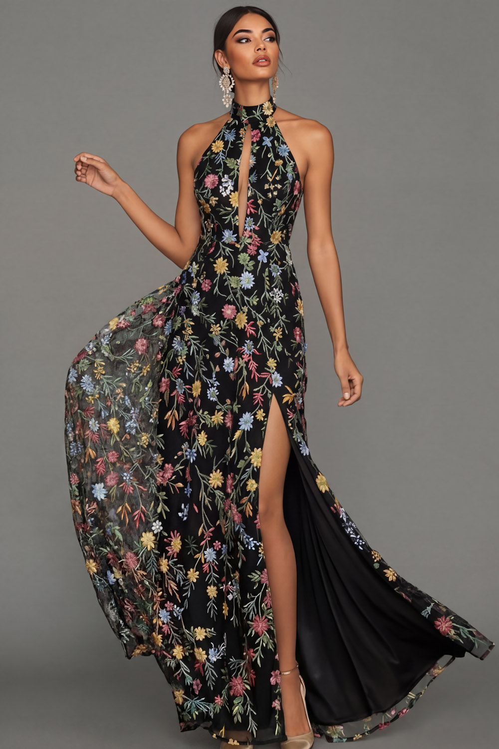 Mauve Floral Halter Neck Mermaid Long Formal Dress with Slit
